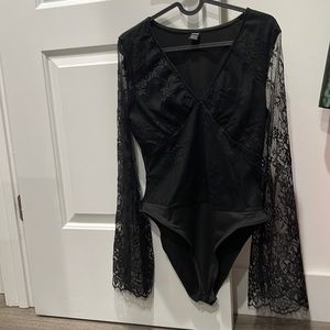 Shein Trumpet Sleeve Slim Fit Lace Bodysuit Black